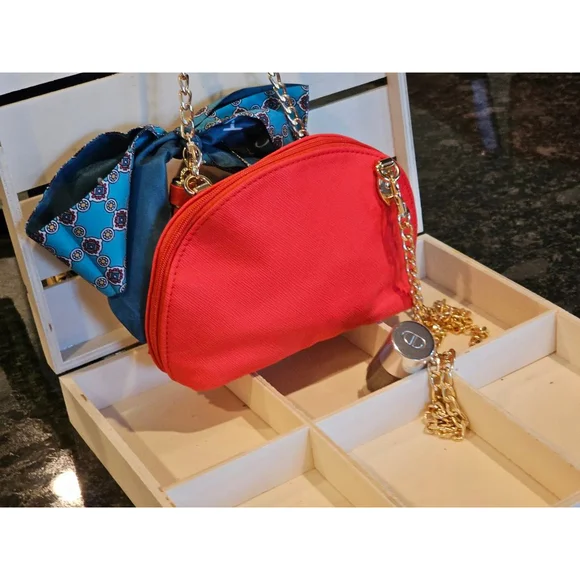 Christian Dior Red Clutch w/Crossbody Chain, Charms & Twilly Added NWOT + brush - Picture 5 of 13